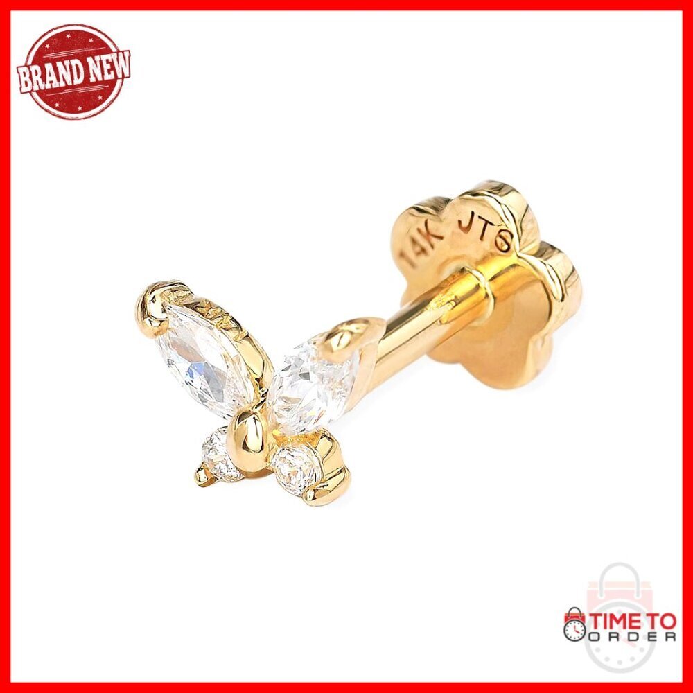 14k Gold 18G Marquise CZ Butterfly Flat Back Stud Labret Piercing Jewelry